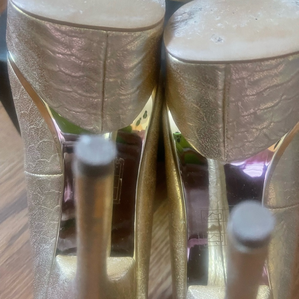 Bebe Gold High Heel Peep-Toe Pumps - Picture 4 of 8